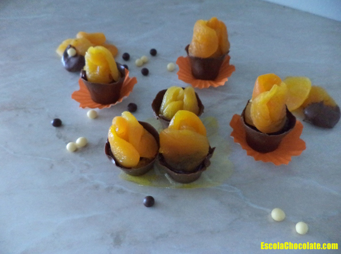 vasinhos de chocolate com flor de damasco